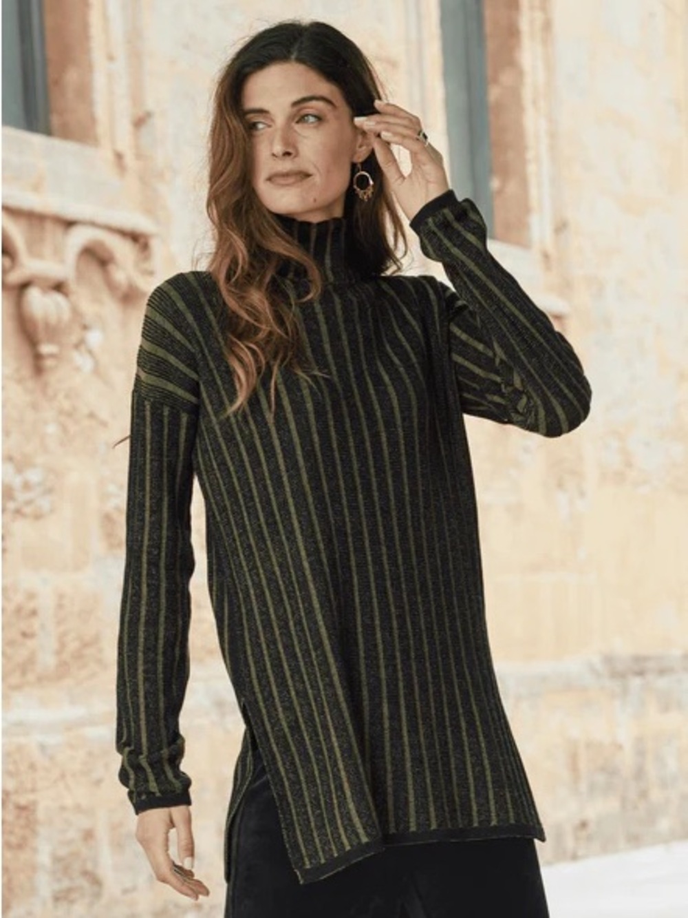 Peruvian Connection Black & Green Striped Ribbed Turtleneck